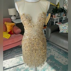 Golden Sequin Dress with Illusion Neckline
